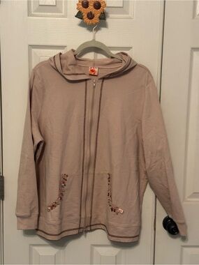 Vintage Zip-Front Hooded Jacket - Light Taupe with beaded accents